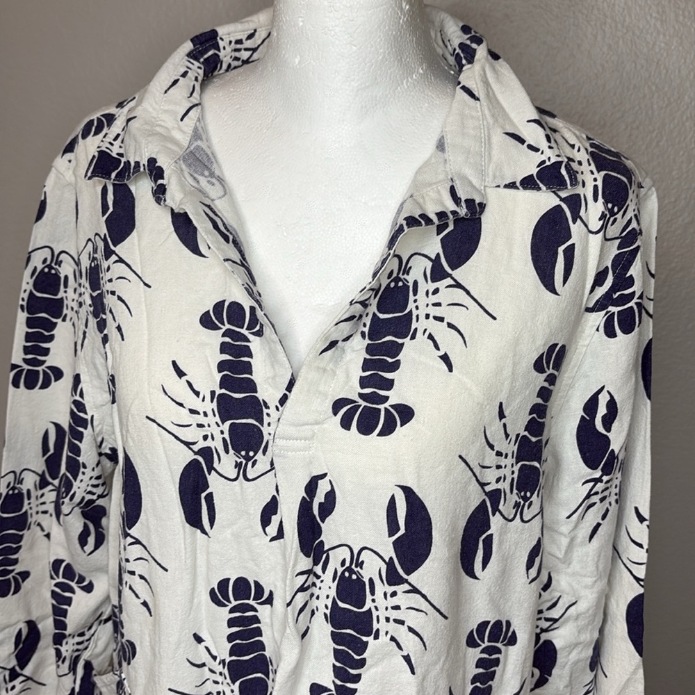 Sigrid Olsen linen tunic top white and blue lobster print large - Picture 2 of 5